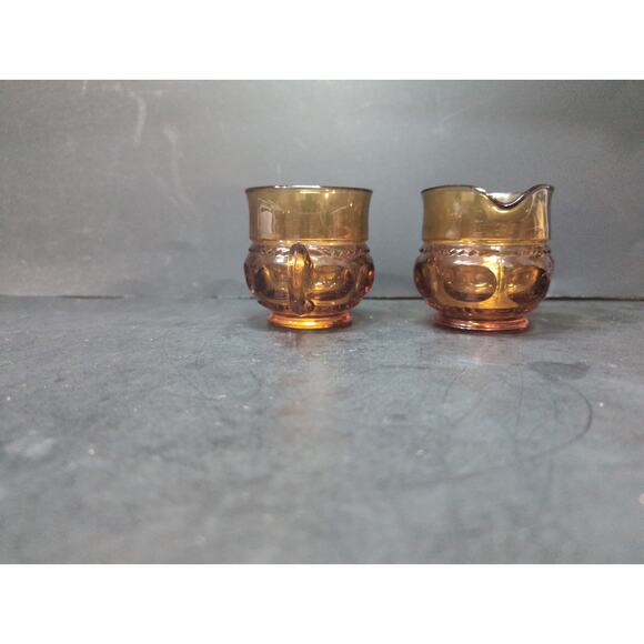 Indiana Glass Amber Kings Crown Creamer And Open Sugar Bowl, Vintage Yellow Glas - Picture 4 of 9